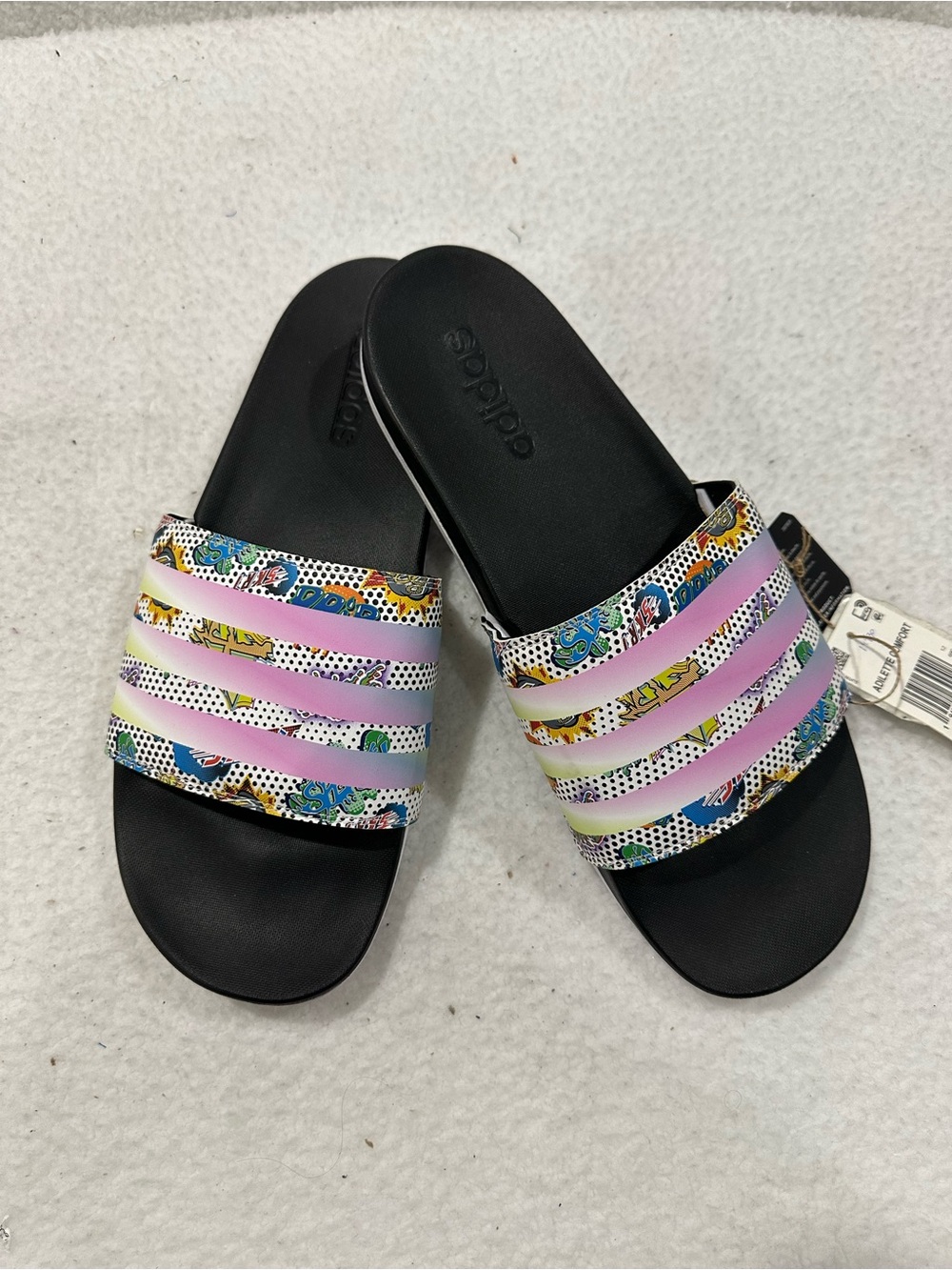 Adidas Black Slide Sandals with Pastel Multi-Color Strap
